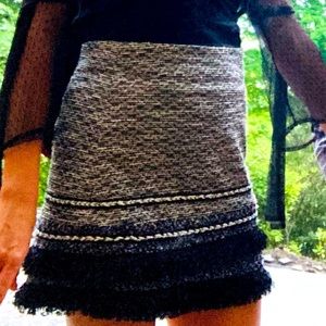 Fringe Grainy Boho Tweed Black and White Skirt